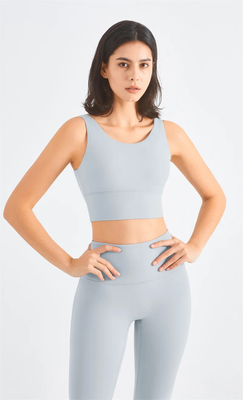 Solid Color Fitness Bra Women Sports Tank Tight Gym Yoga Vest Crop Top Ribbed Square Neck High Collar To Prevent Glare Chest Pad