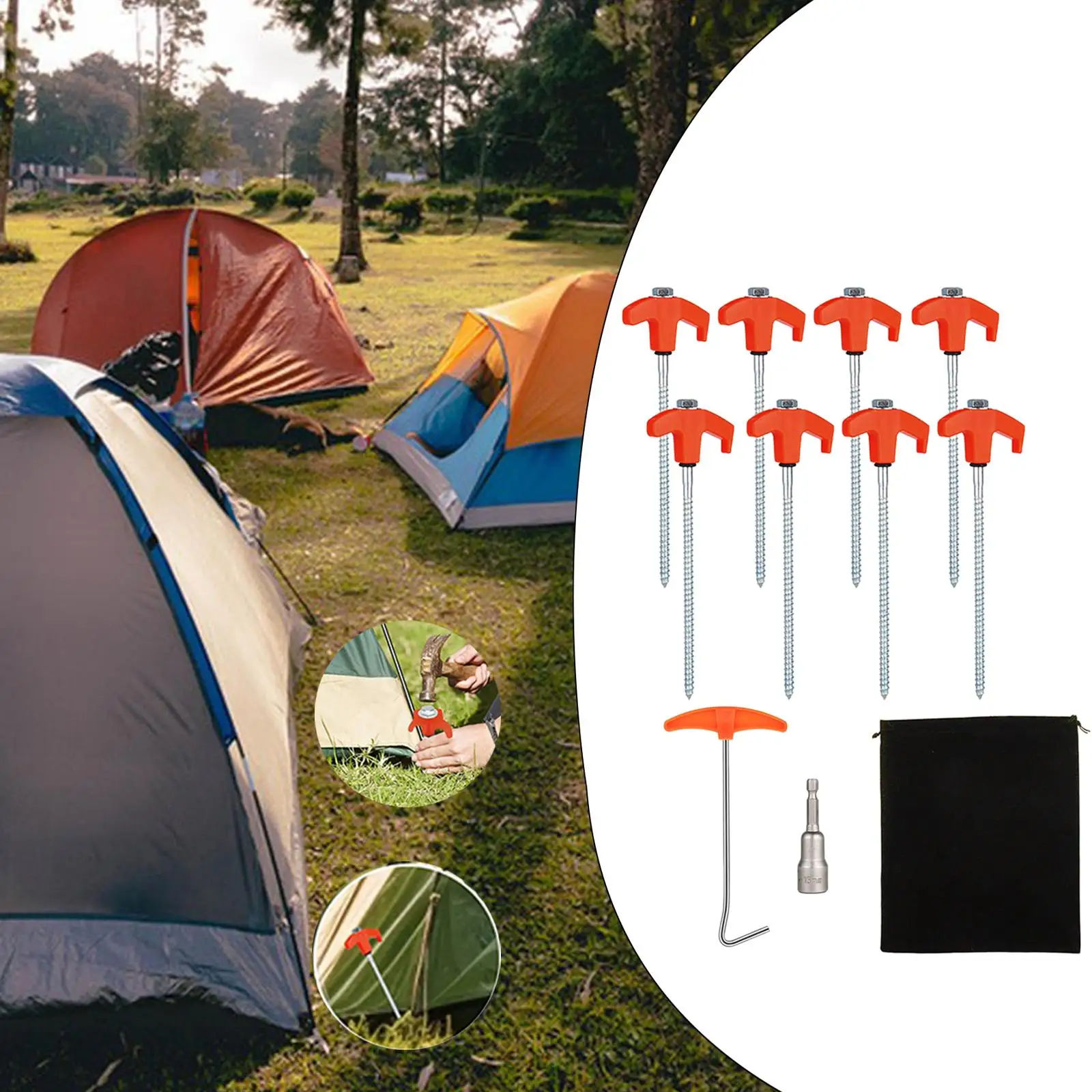 8 винтовых колышек анкеры для палатки шипы колья с шестигранной головкой и сумкой