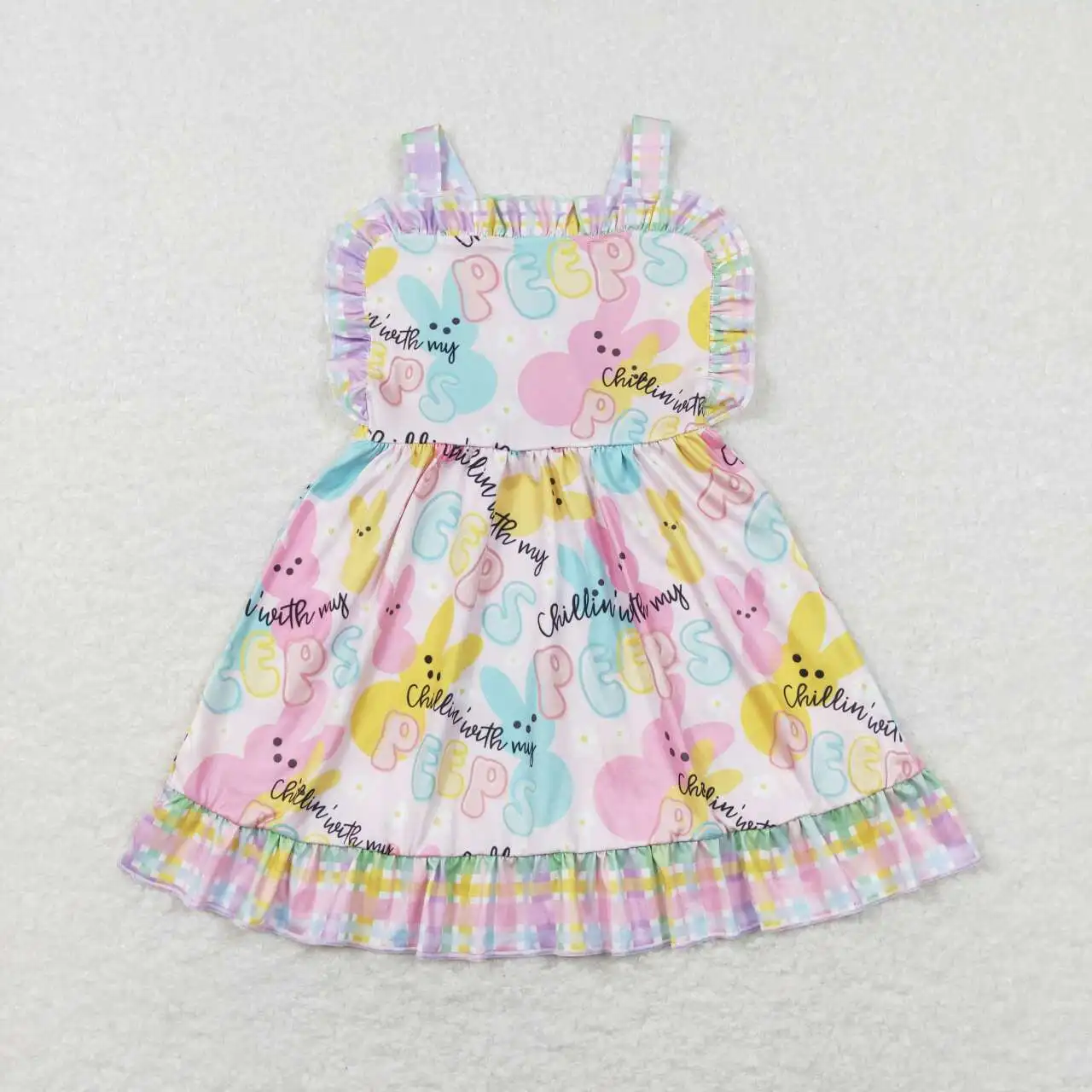 

Wholesale hot sale Kids Baby Girls Clothes Children's clothing Easter Floral bunny colorful plaid lace suspenders dress