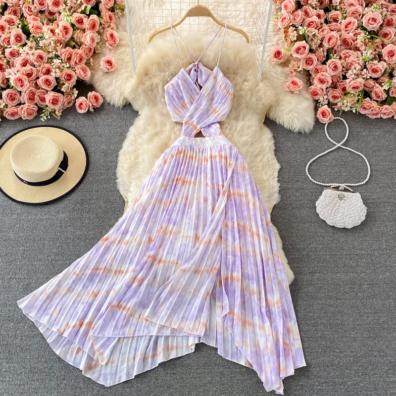 

Sweet Pleated Dresses For Women Spaghetti Strap Irregular A-Line Backless Hollow Out Boho Style Summer Dress 2023 Beach Vestido