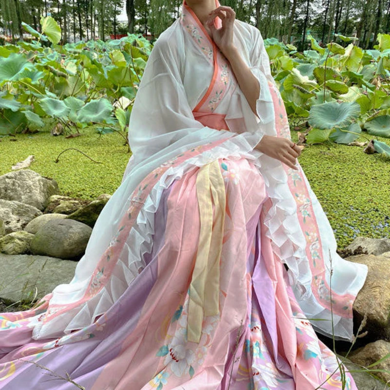 

3 Colors WeiJin Dynasty Floral Printed Large Sleeve Hanfu Women Chinese Dresses 2022 Spring Original Fairy Folk Dance Costumes