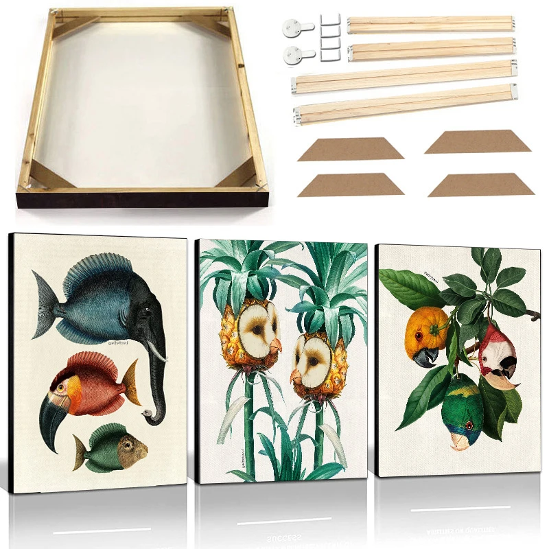 Картина на холсте с животными растениями рамкой птица рыба попугай Зеленый лист