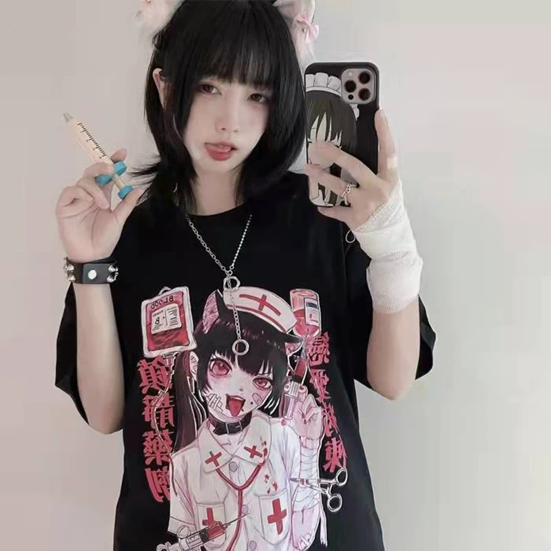 Graphic Tee Summer tops Women Anime T Shirt Tops Aesthetic Clothes Black Grunge Streetwear Tshirt Harajuku Tops Fashion Clothing