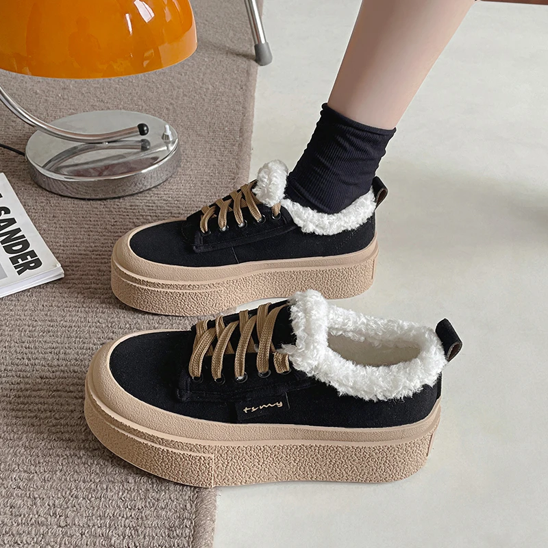 Autumn 2023 New Versatile Round Toe Thick Sole South Korean Lace Up Board Shoes Women's Frosted Leather Elevated Casual Sneakers