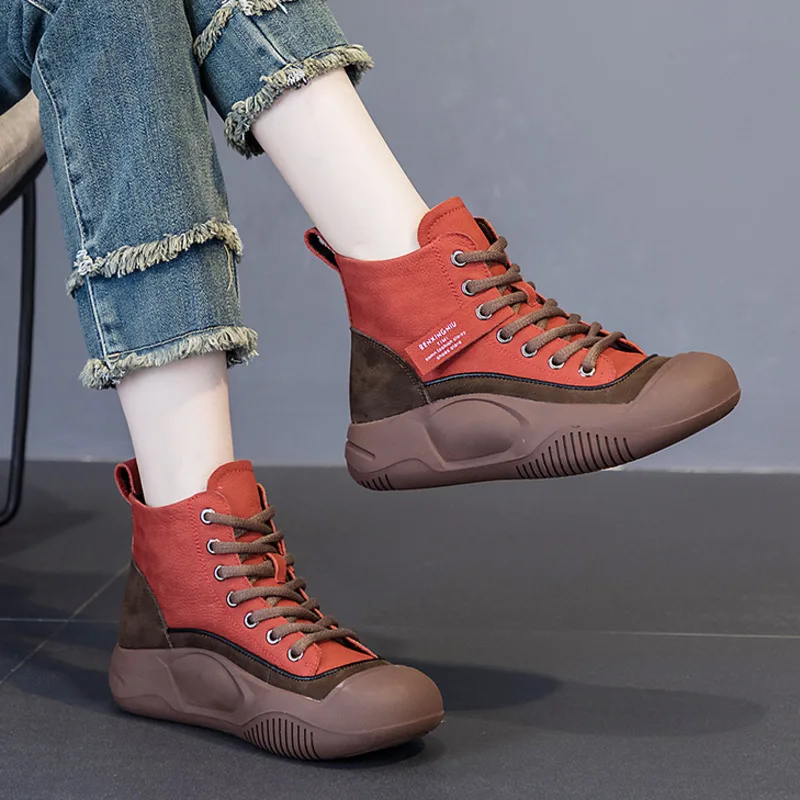 

Top Layer Cowhide Autumn Winter Short Boots 2023 New High Top Toe Tied Mid Length Casual Comfortable Single Shoes Plush Boots