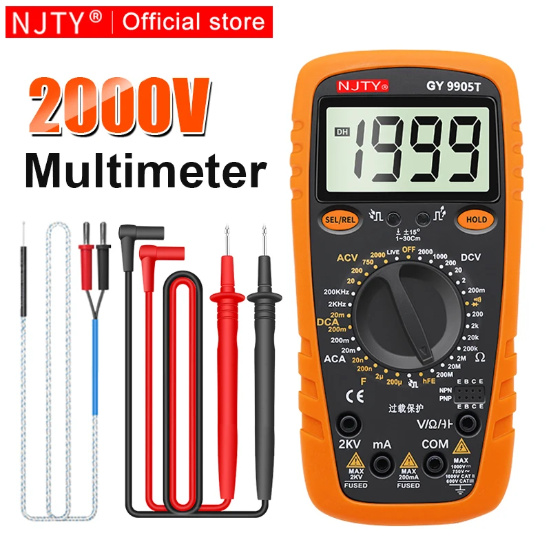 

NJTY High Voltage Digital Multimeter 2000V AC/DC Professional Voltmeter Ammeter Capacitance Temperature Ohm Multi Meter Tester