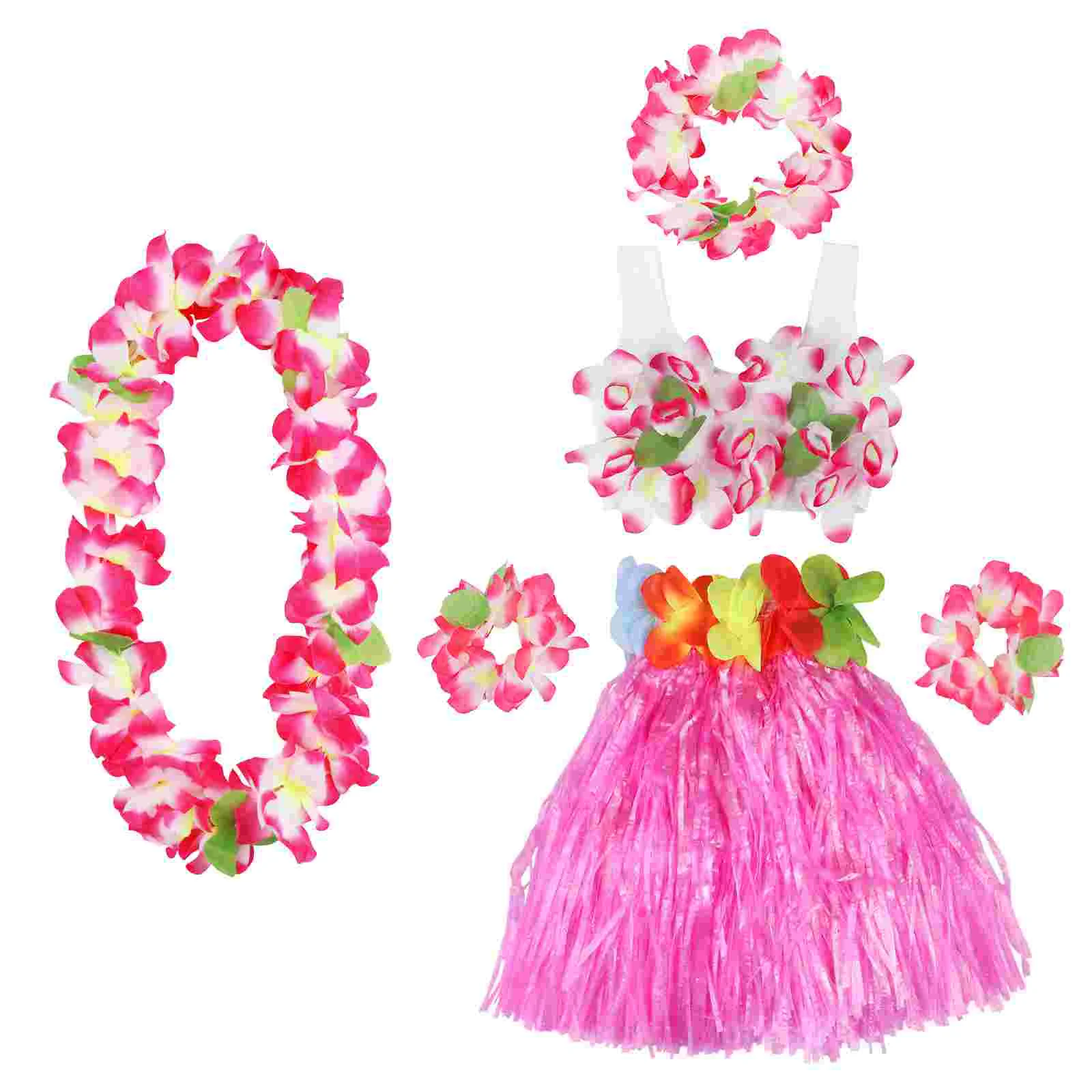 

6PCS Hawaiian Costume Set Tropical Flower Skirt Bracelets Headband Necklace for Carnival Beach Banquet Party