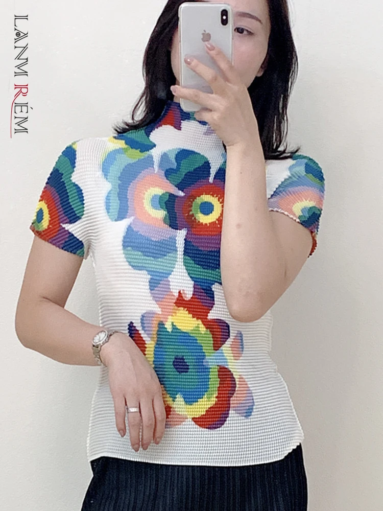 

LANMREM Women Pleated Print Skinny T-shirt Short Sleeve Pullover Half Turtleneck Slim Fit 2022 Summer Female Clothing 2I414