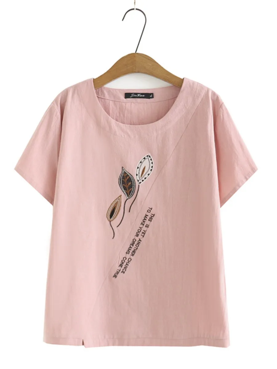 

4xl Women's Plus Size T-Shirt Cotton Embroidery Hem Split Tee 2022 Summer Curve Short Sleeve O-Neck Tops