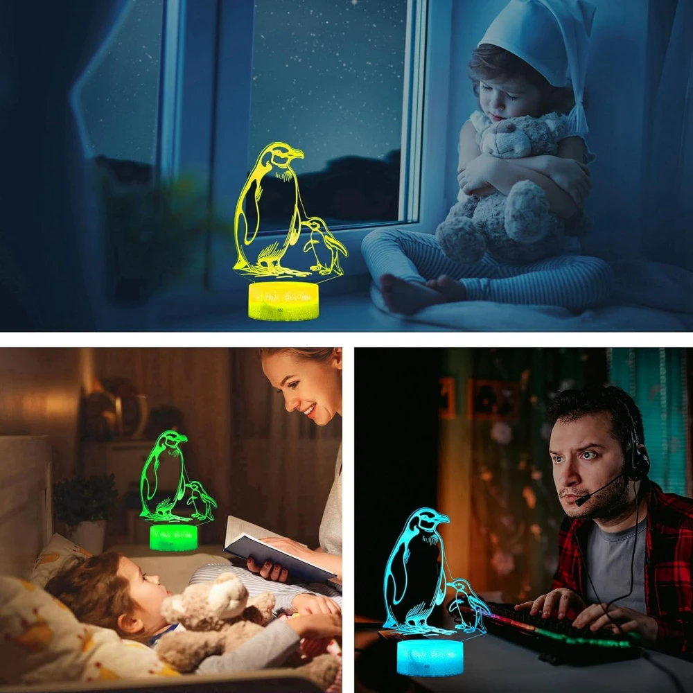 Ночник Пингвины для детей 3D иллюзионная лампа 7 цветов изменение спальни