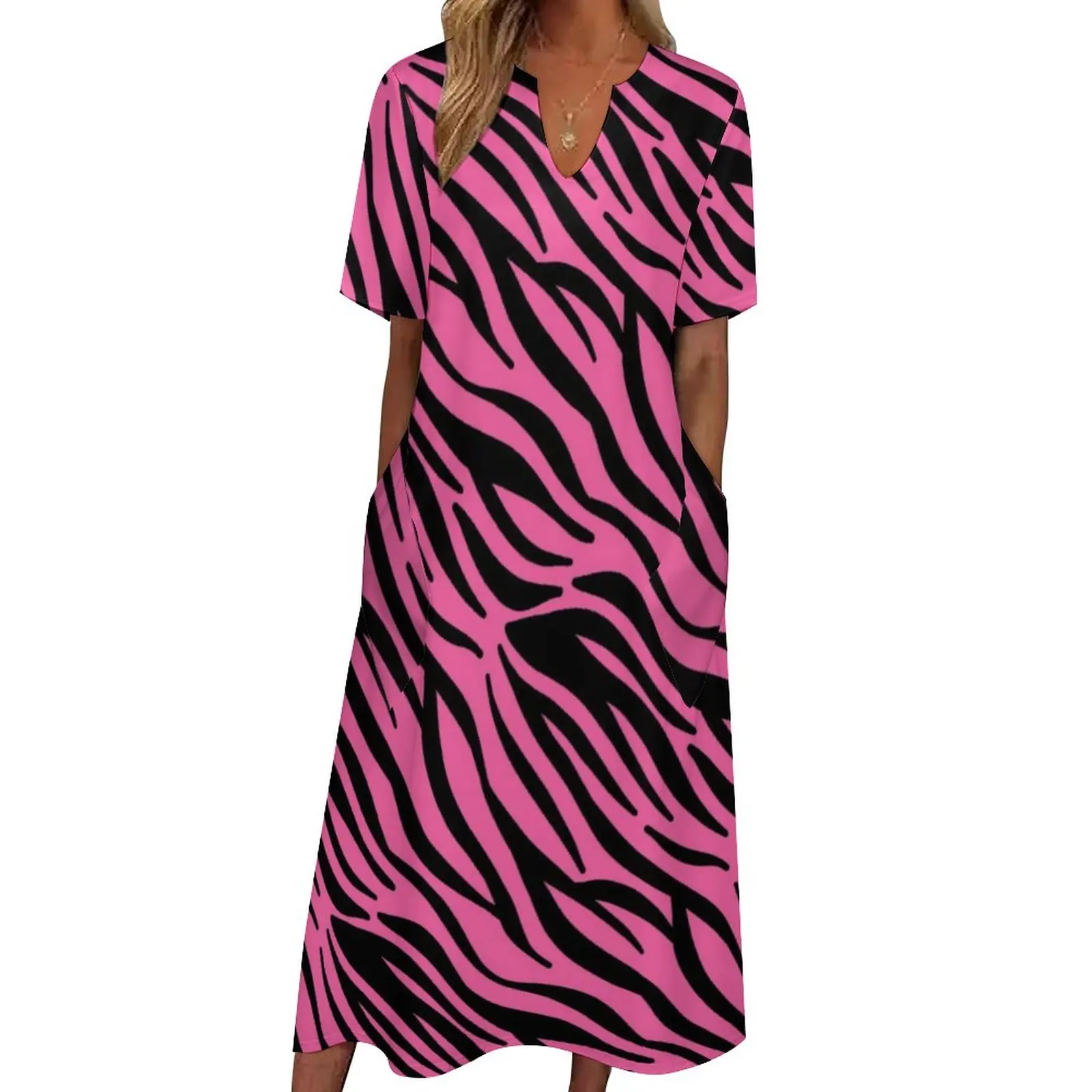

Pink Zebra Print Dress Summer Black Stripes Street Fashion Boho Beach Long Dresses Female Cute Maxi Dress Gift Idea