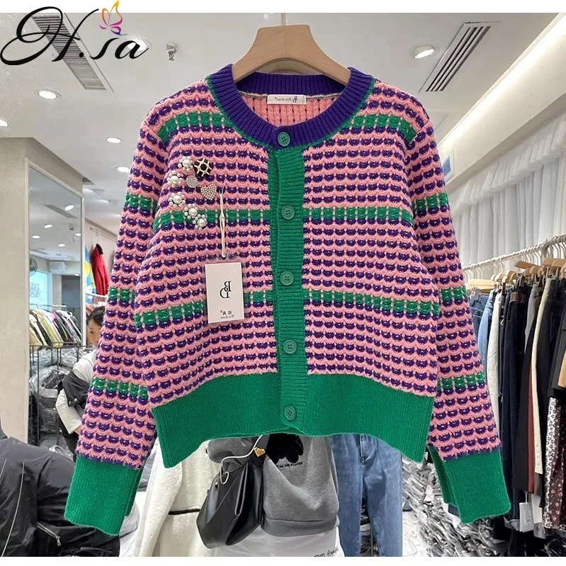 

Hsa 2021 Winter New Elegant Sweater Cardigans Houndstooth Loose Sweater Coat O Neck Contrast Color Patchwork Knitted Cardigan