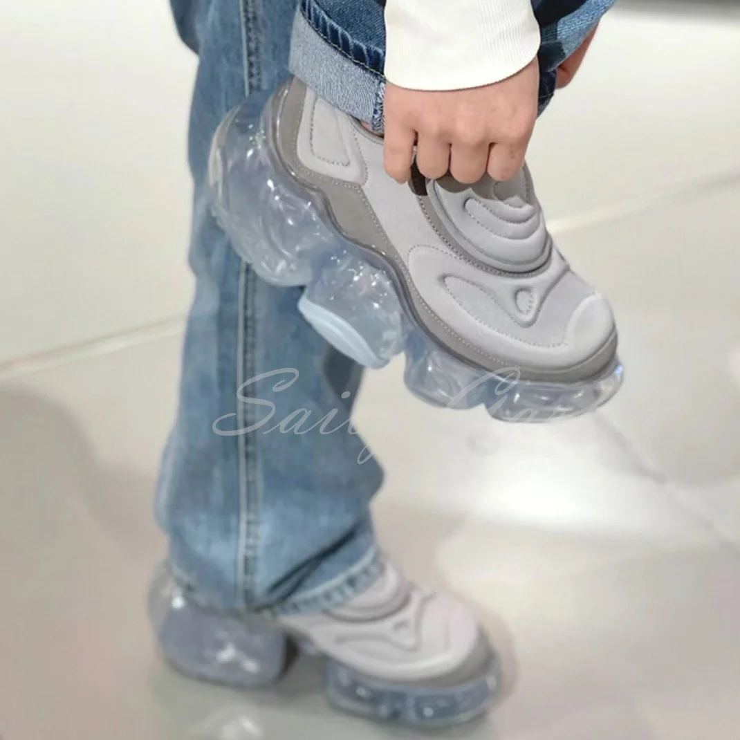 Light Blue Black Round Toe Thick Sole Air Cushion Bubble Transparent Heel Height Increasing  Leisure Sneakers Shoes For Women