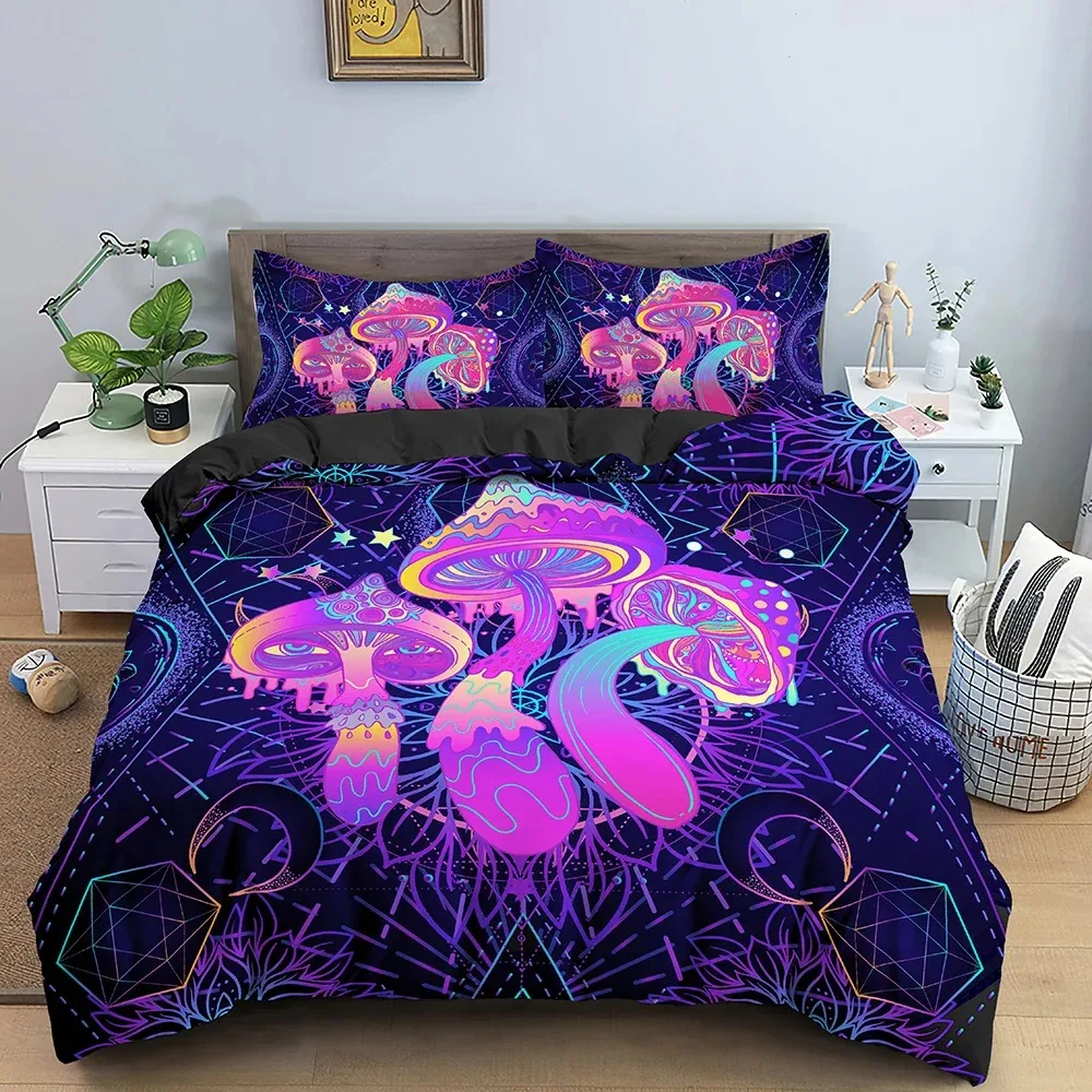 Mushroom Bedding Set Psychedelic Soft Duvet Cover Purple Comforter Full King Queen Size 23pcs Polyester Quilt