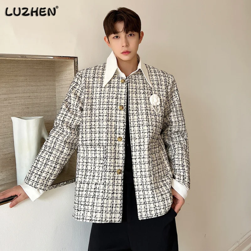 

LUZHEN Trendy Plaid Color Contrast Lapel Casual Blazer Jacket 2023 Autumn New Trendy Elegant Gentleman Men's Suit Coat A46bb6