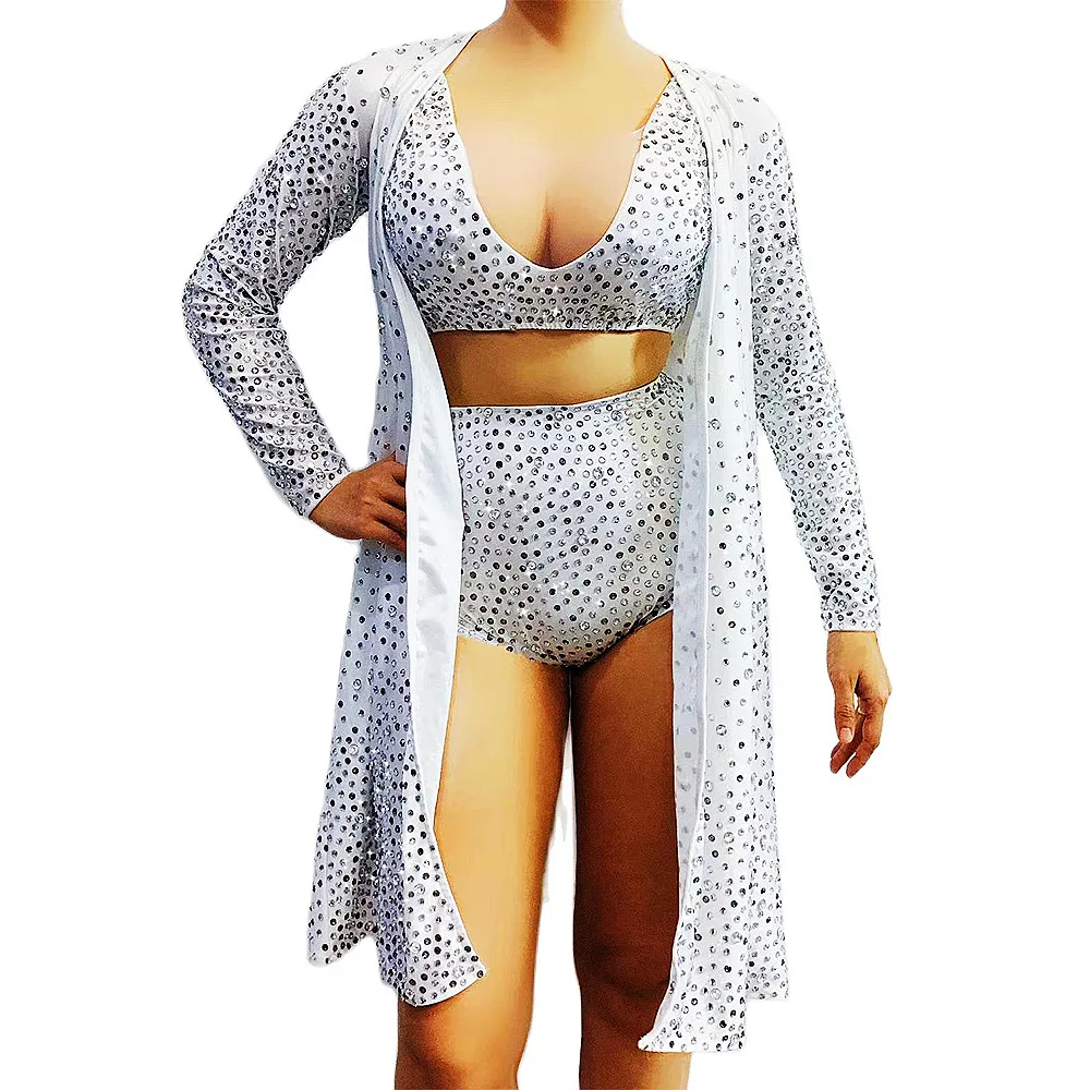 

Shining Rhinestones Sexy White Bikini Shorts Coat For Women Stage Show Clothing Singer Perform Costumes Party Club Wears