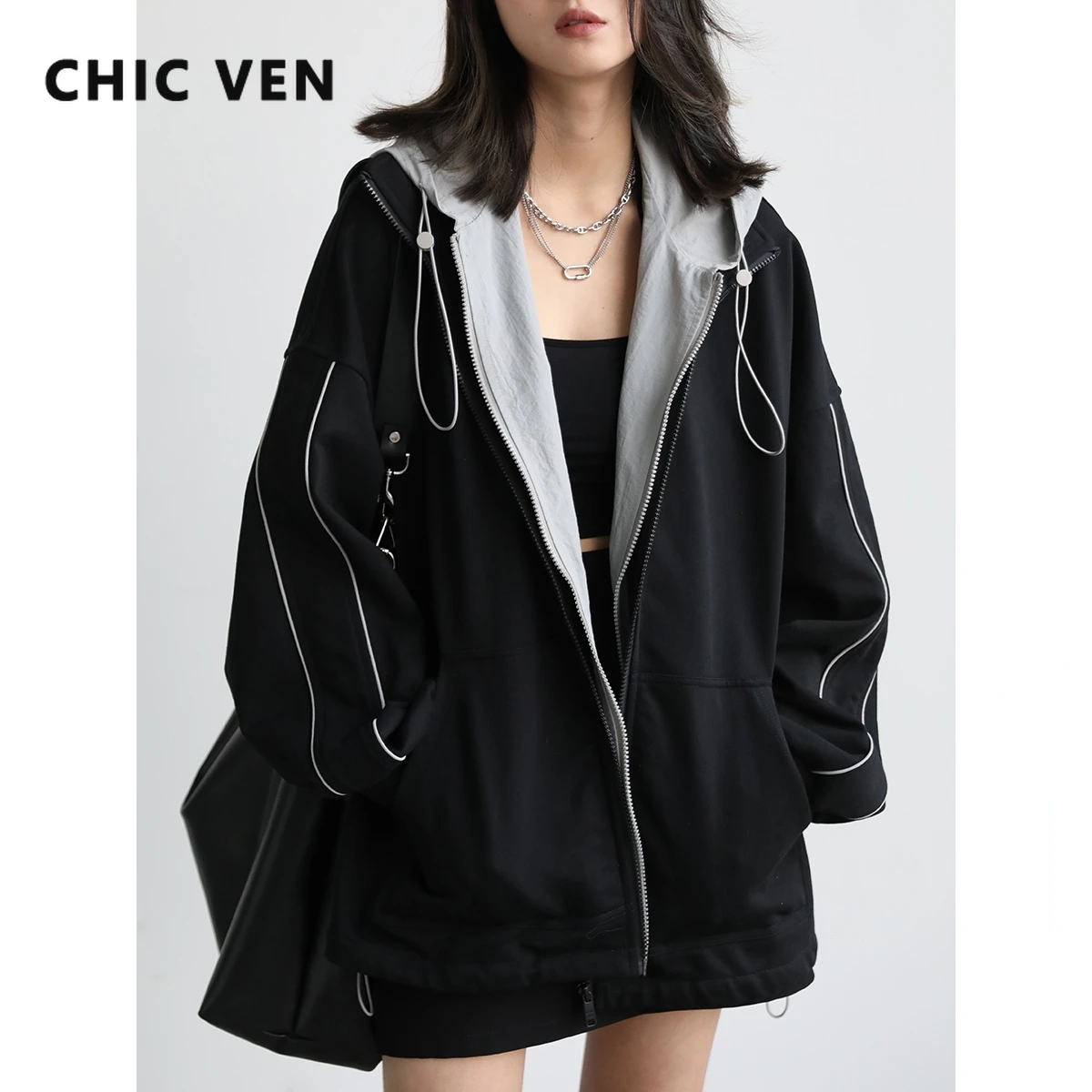 

CHIC VEN Fashion Women's Sweatshirts Streetwear Casual Loose Hat Detachable Jackets Woman Coat Sports Clothes Spring Autumn 2022