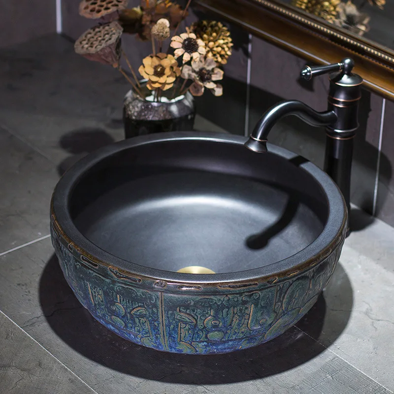 

Retro ceramic washbasin, above counter round wash sink, Chinese style bathroom basin