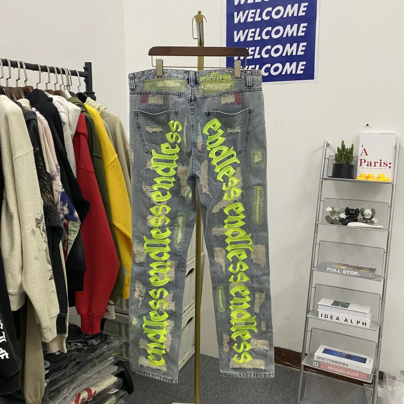 Endless Jeans High Quality Denim Ripped Embroidered Pants Hip Hop Damage Hole Kanye Jeans
