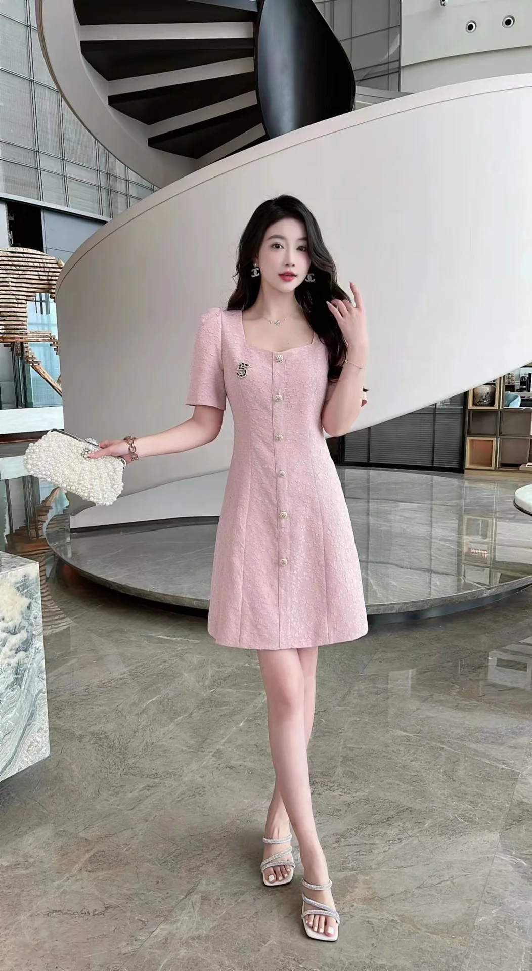 

2023 Spring/Summer Fashion New Women's Clothing Contrast Color Square Collar Dress 0704