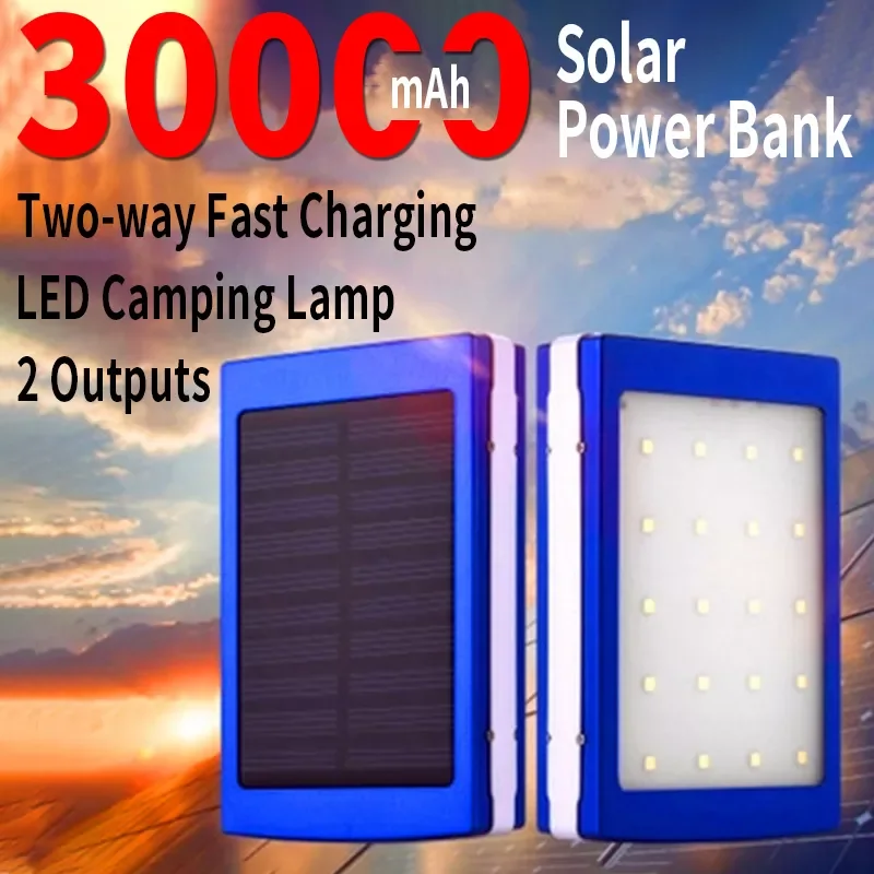 

NEW2023 30000mAh Solar Power Bank Two-way Fast Charging High Capacity Outdoor Travel External Battery with LED Lamp for Xiaomi I