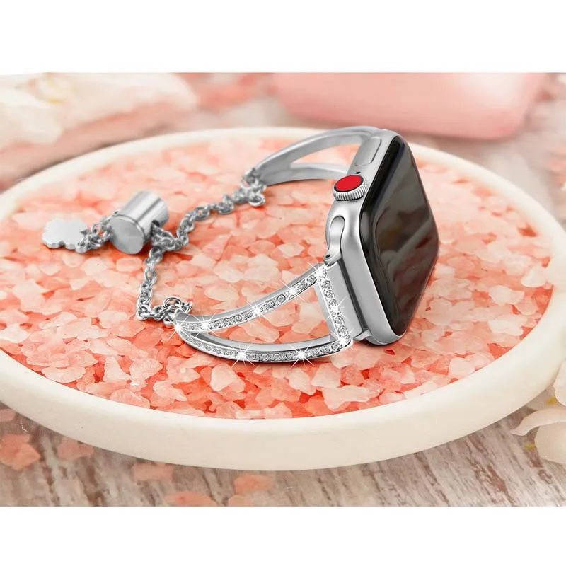 For Apple Watch Strap 38/40/41/42/44/45mm Series 8/SE Shiny Replacement Bracelet iWatch Strap Diamond Stainless Steel Wristband