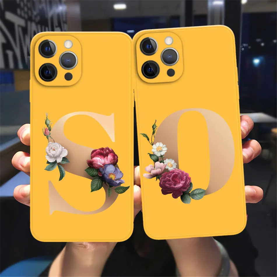 

Fashion Initial Letter A Z Silicon Phone Case For iPhone 11 ProMax 6 7 8plus Xs Retro golden Flower Soft TPU yellow Back Cover