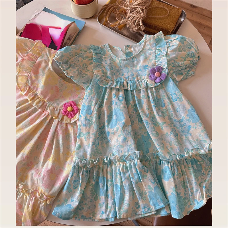 

2023 Baby Girls Summer Dress Kids Clothes Short Sleeve Floral Girls Princess Dress Children Clothing Sweet Vestidos