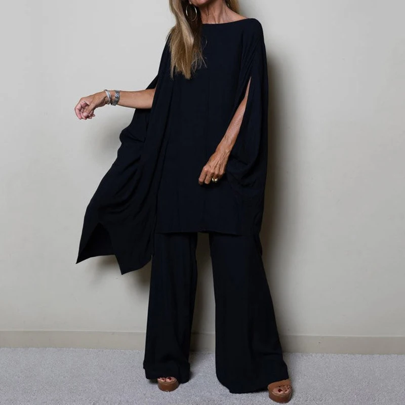 

Party Chic Loose Solid Two Piece Set Spring Autumn Women's Suit 2023 French Elegant Split Shawl Tops &Straight Pants Outfits