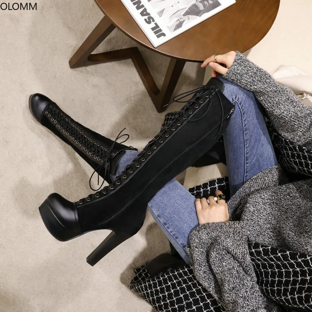

Knee High Boots Sexy Women's Round Toes Lace Up Faux Suede Platform High Heels Shoes