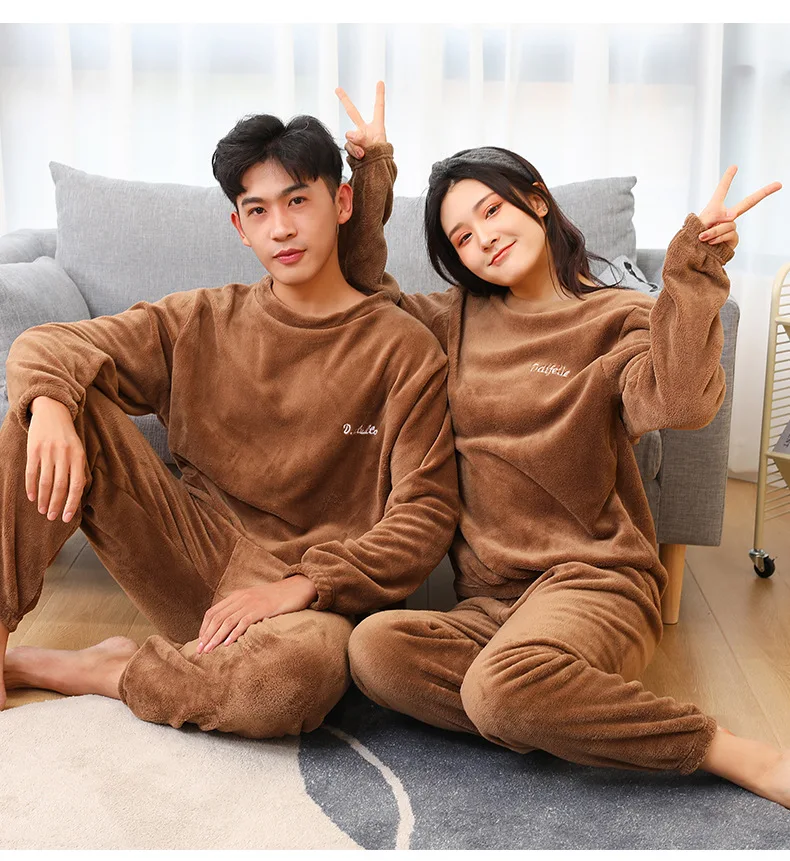 Lovers' Coral Velvet Pajamas Autumn And Winter Men's Home Clothing Warm Fur Thickened Embroidery Letters Outer Pajamas Women