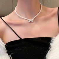 2022 hot sale peal necklaces for women girs fashion french romantic style bow tie shape clavicle chain trend vintage jewelry