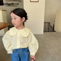 freely move 2022 autumn baby girls embroidery floral blouses solid color lapel puff sleeve kids tops korean children shirts