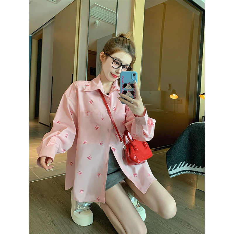 Розовые женские рубашки с бантом новинка 2024 ранняя осень дизайн корейская серия