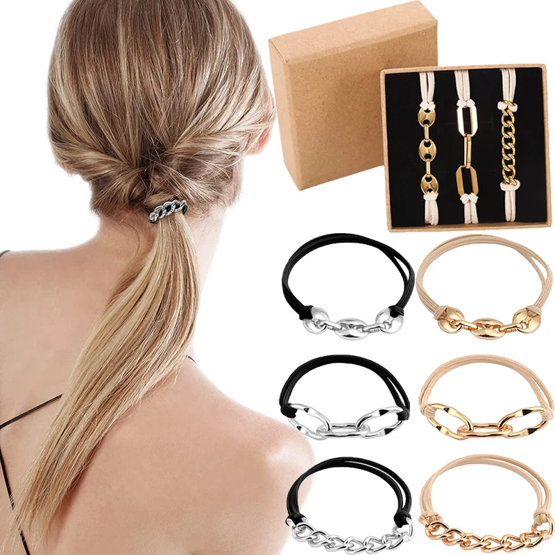 

Metal Circle Hair Rubber Women Girls Elastic Chain Hairband Ponytail Tie Holder Scrunchy Punk Hair Rope Accessories