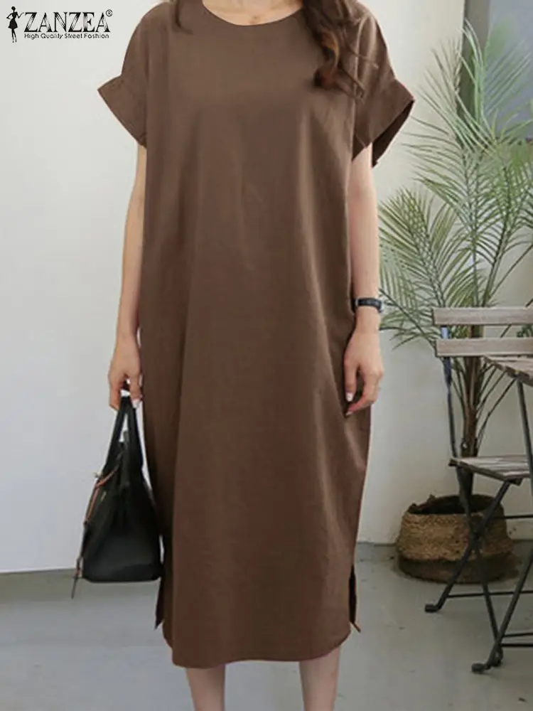 

ZANZEA Women Summer Solid Color Dress Short Sleeve O-Neck A-Line Pure Cotton Dresses Femme Elegant Casual Holiday Sundress 2022