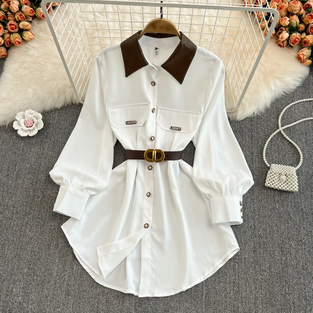 

Spring Autumn 2023 New French Style Medium Long Waist Shirt Skirt Luxury Designer POLO Neck Long Sleeve Loose Slim Top