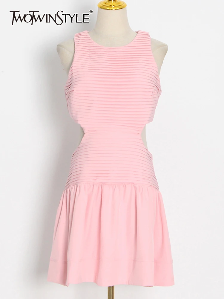 

Twotwin2 стильное сексуальное платье с вырезом для женщин, круглый вырез, без рукавов, высокая талия, однотонные Мини платья, женская летняя оде...