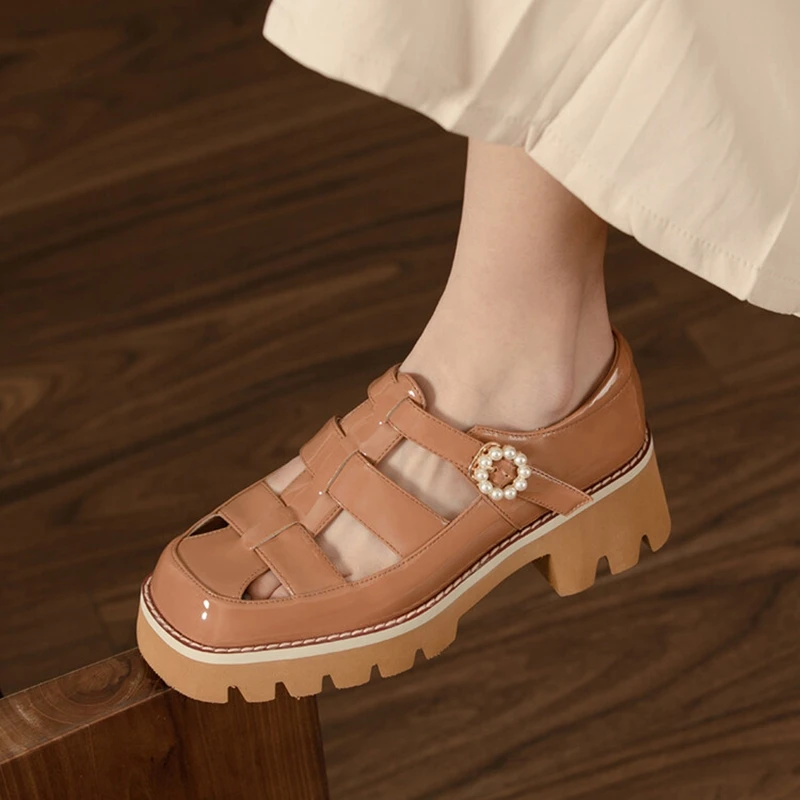 

2022 Summer Women Shoes Round Toe Thick Heel Shoes Women Platform Shoes for Women Split Leather Sandals Solid Roman Style Shoes