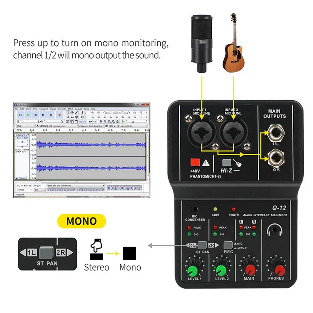 Q12 аудио интерфейс Usb звуковая карта без привода портативный мини 2-полосный