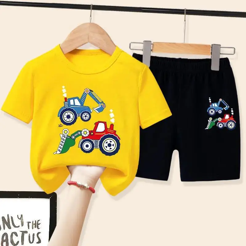 

Cartoon Print Baby Boys T Shirt Set for Summer Children Boy Excavator T-Shirts Short Sleeves Kids Clothes Suit Toddler Outfits