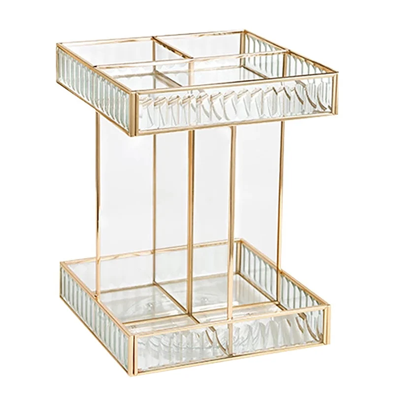 

Стеклянная двухслойная вращающаяся стойка для хранения, органайзер для макияжа, шкатулка для украшений, демонстрационная подставка для че...