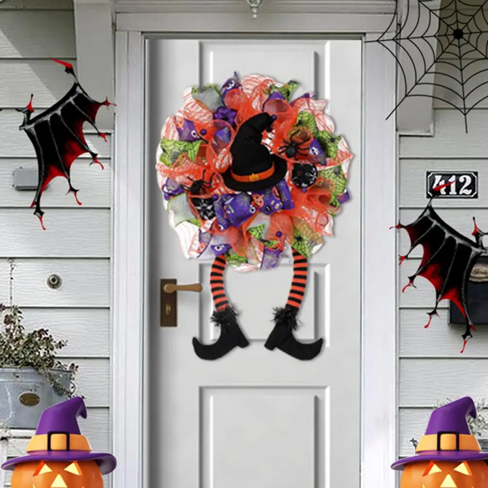 

Fun Halloween Wreath Terrifying Halloween Decor Witch Hat Leg Door Wreath Pumpkin Print Ribbon Mesh Spider Happy Party Supplies