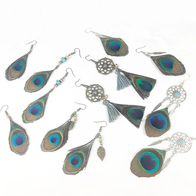 

Bohemian Peacock Feather Earrings Jewelry For Women Fashion Trendy Aesthetic Statement Vintage Ethnic Drop Earrings