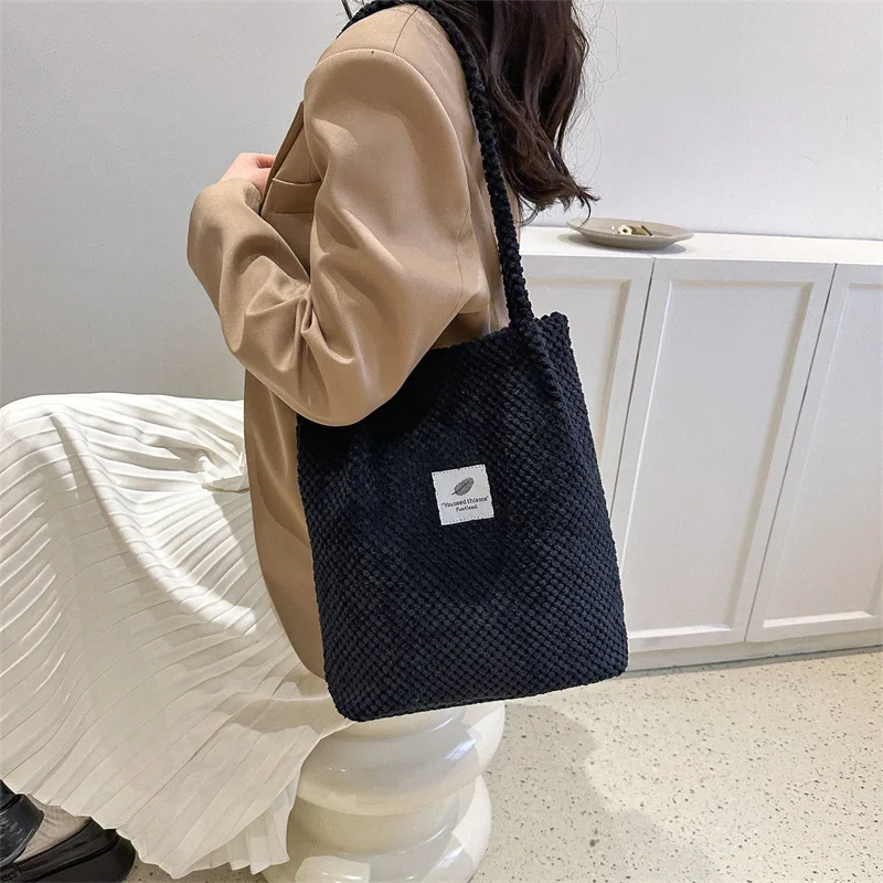 

Vintage Women Corduroy Shoulder Bag Reusable Shopping Bags Casual ToteBag Soft Female Handbag Hot sale Canvas Large Size Pocket