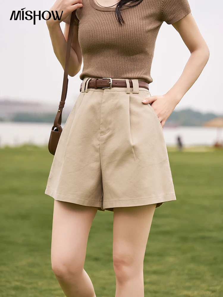 MISHOW Light Khaki Shorts for Women 2023 Summer High Waist Straight Wide Leg Casual Short Pants with Belt Office Lady MXC38K0120