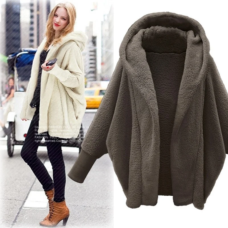 New Autumn and Winter Women's Coat Vestido Fashion Casual Loose Solid Color Full-sleeved Long-sleeved Hooded Loose Plush Jacket