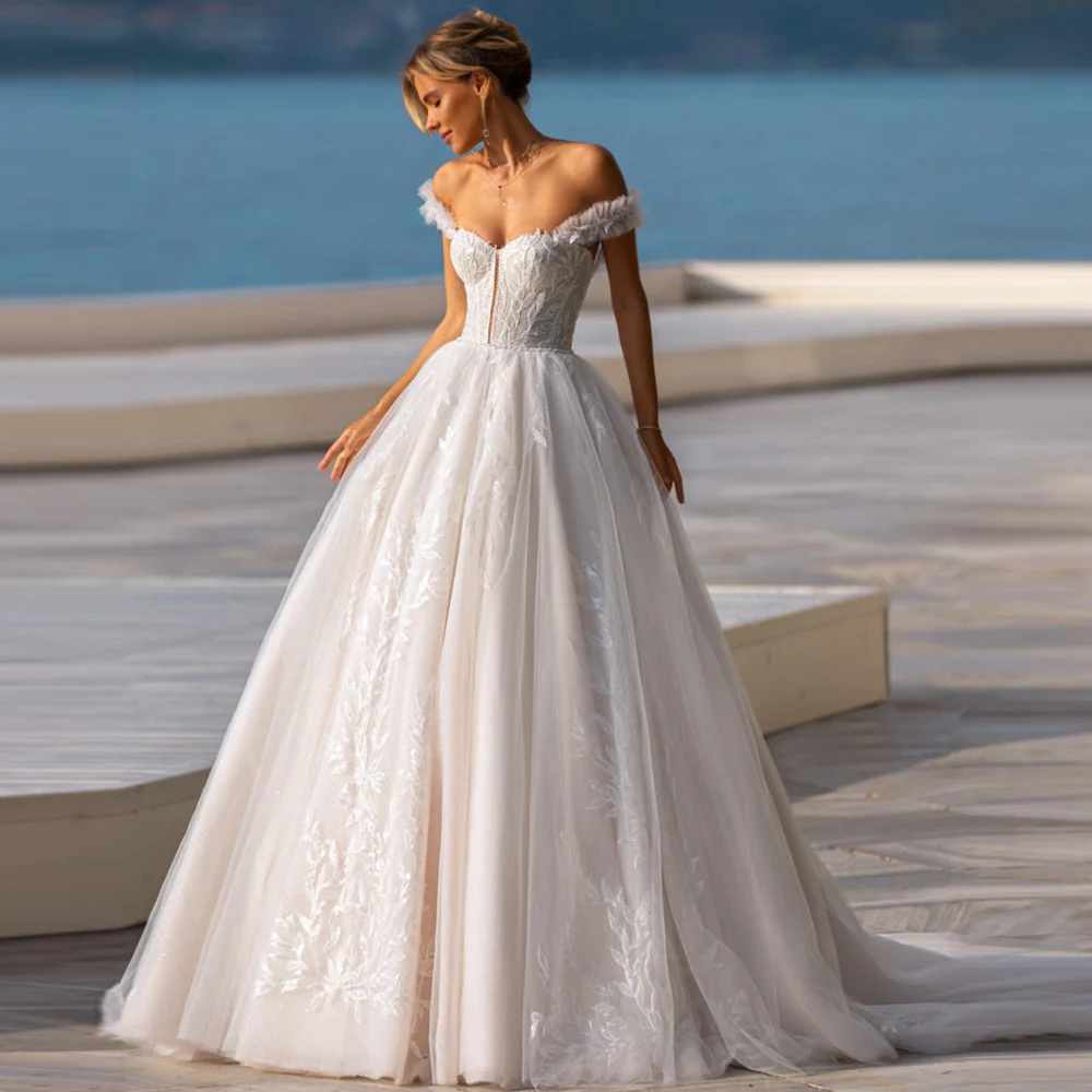 

Vintage Wedding Dress For Bride Off The Shoulder Sweetheart Lace-up Exquisite Bridal Gowns Lace Appliques Boho Vestido De Noiva