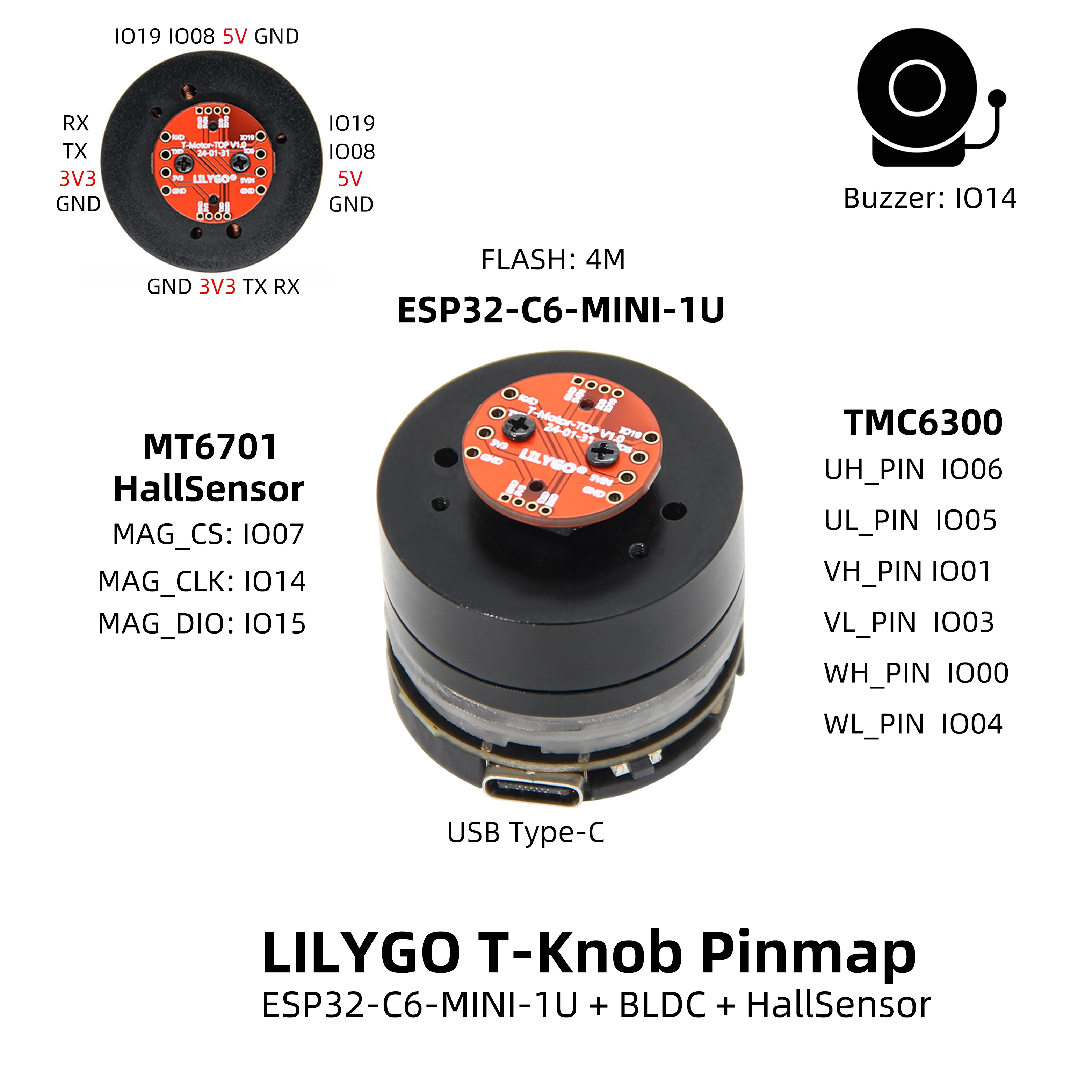 LILYGO T-ручка ESP32-C6 плата разработки MT6701 на основе холла датчик положения