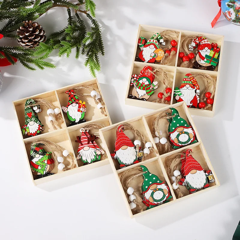 

New Christmas Painted Wooden Hanging Santa Claus Gifts Christmas Tree 12pcs Boxed Decoration
